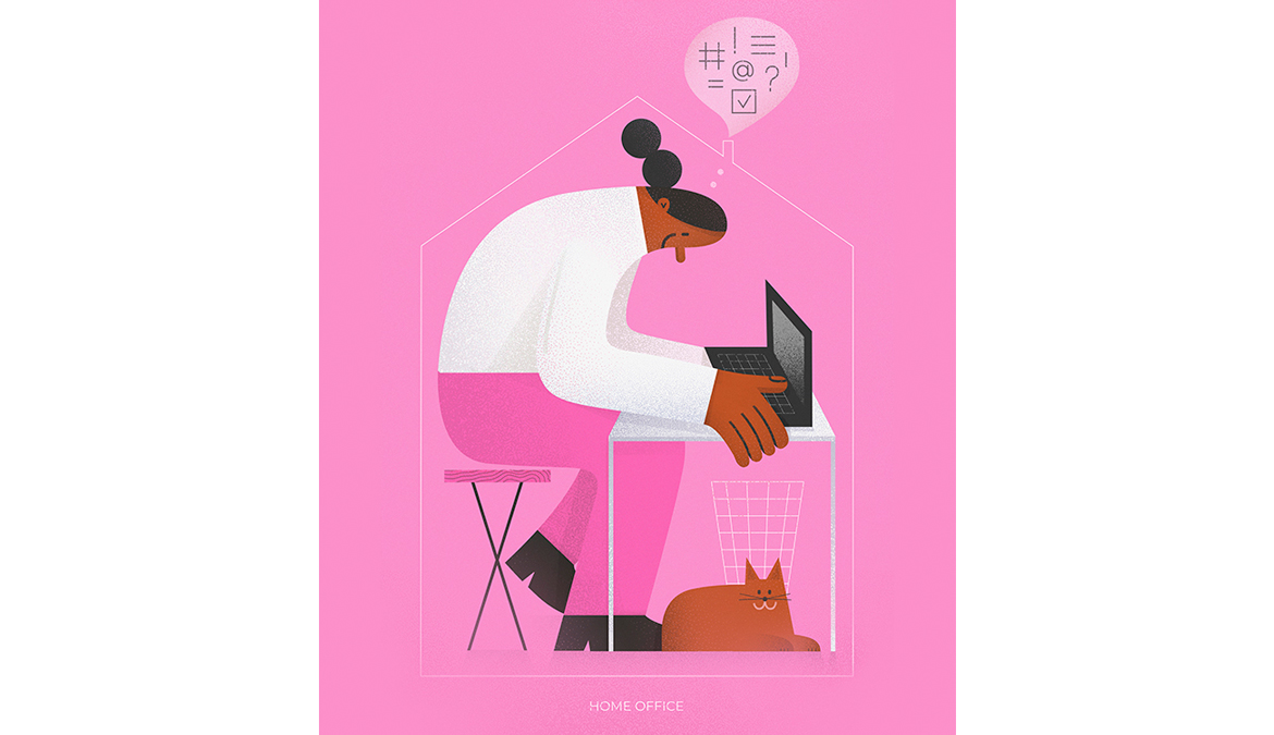 Postać pracująca przy laptopie, z kotem. Autorskie plakaty i ilustracje graficzne Weroniki Wolskiej.