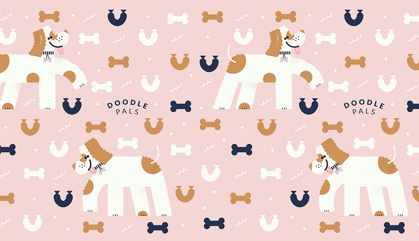 Projekt z portfolio - różowa ilustracja z psim motywem dla marki Doodle Pals - wzór Weronika Wolska.