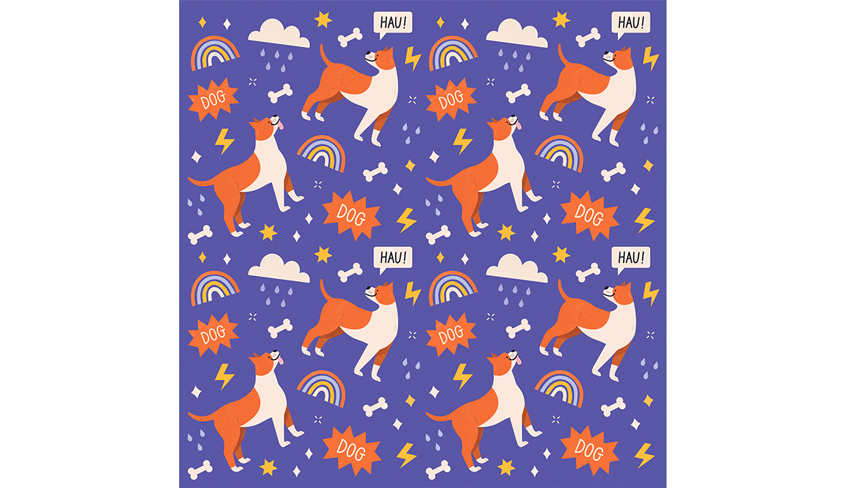 Projekt patternu kolorowej ilustracji, grafiki dla marki z akcesoriami dla psów - wzór Weroniki Wolskiej