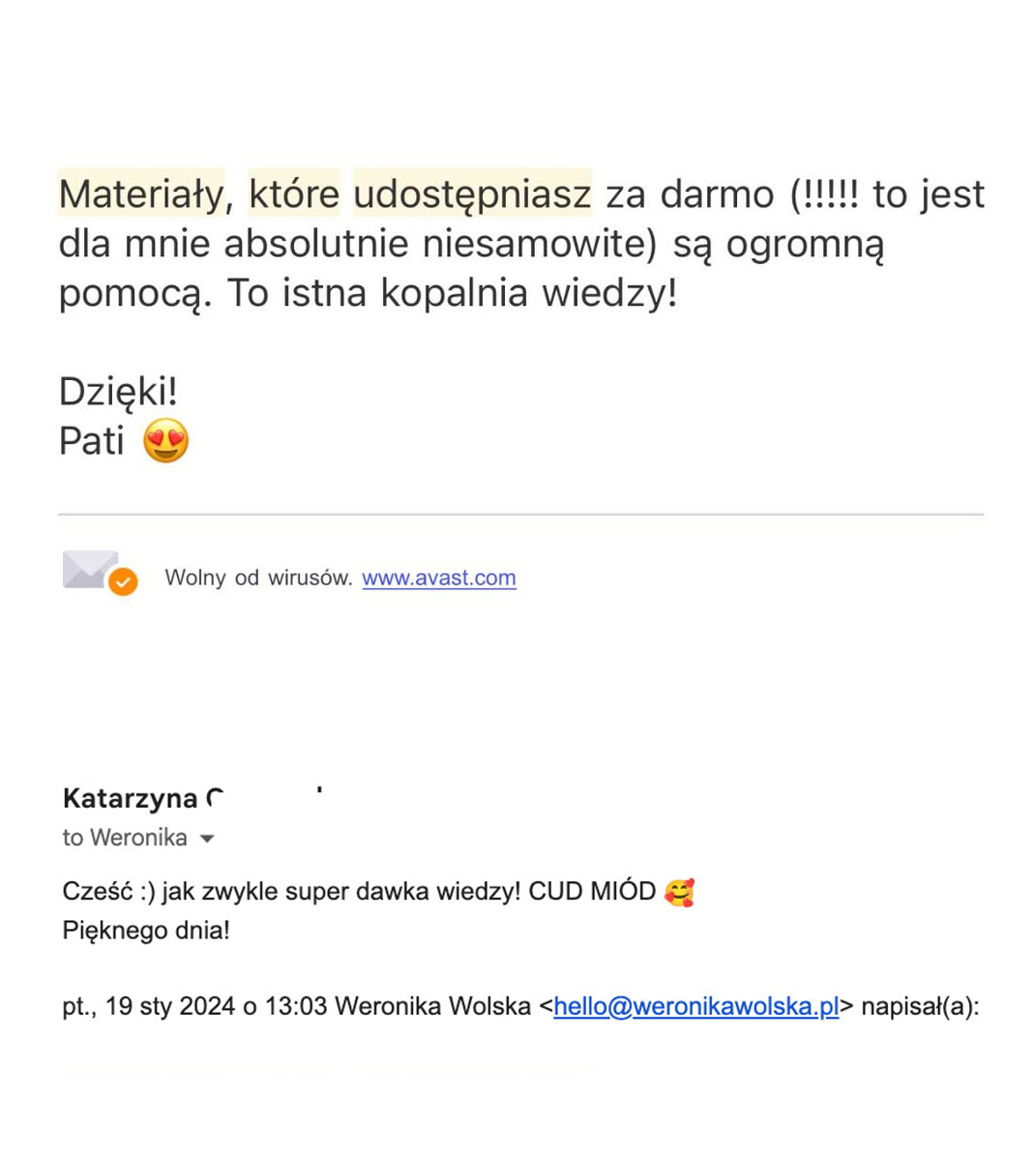 Pozytywna opinia klientek, czytelniczek e-booka i newslettera o tematyce graficznej, projektowania graficznego