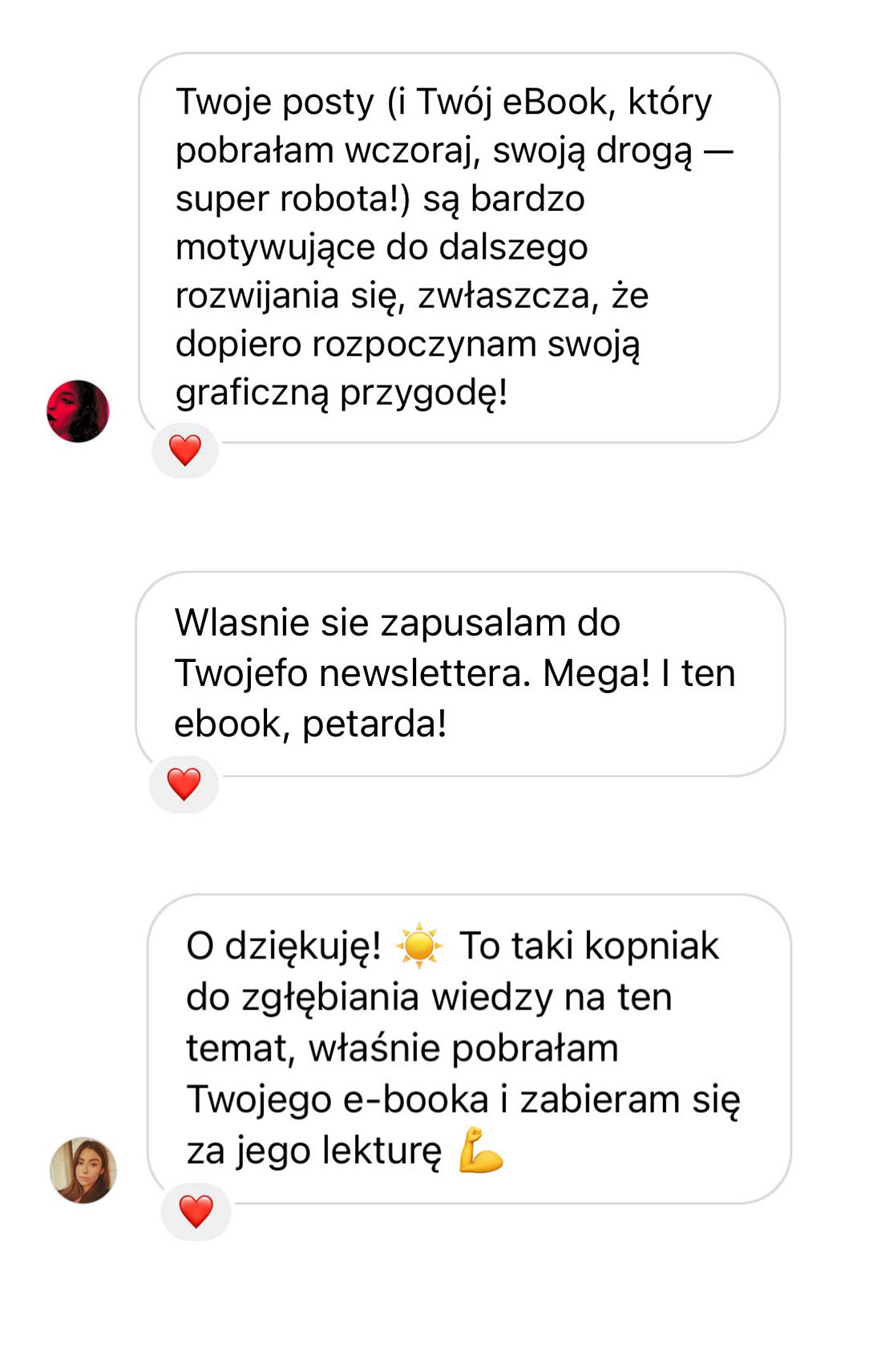 Pozytywna opinia klientek, czytelniczek e-booka i newslettera o tematyce graficznej, projektowania graficznego