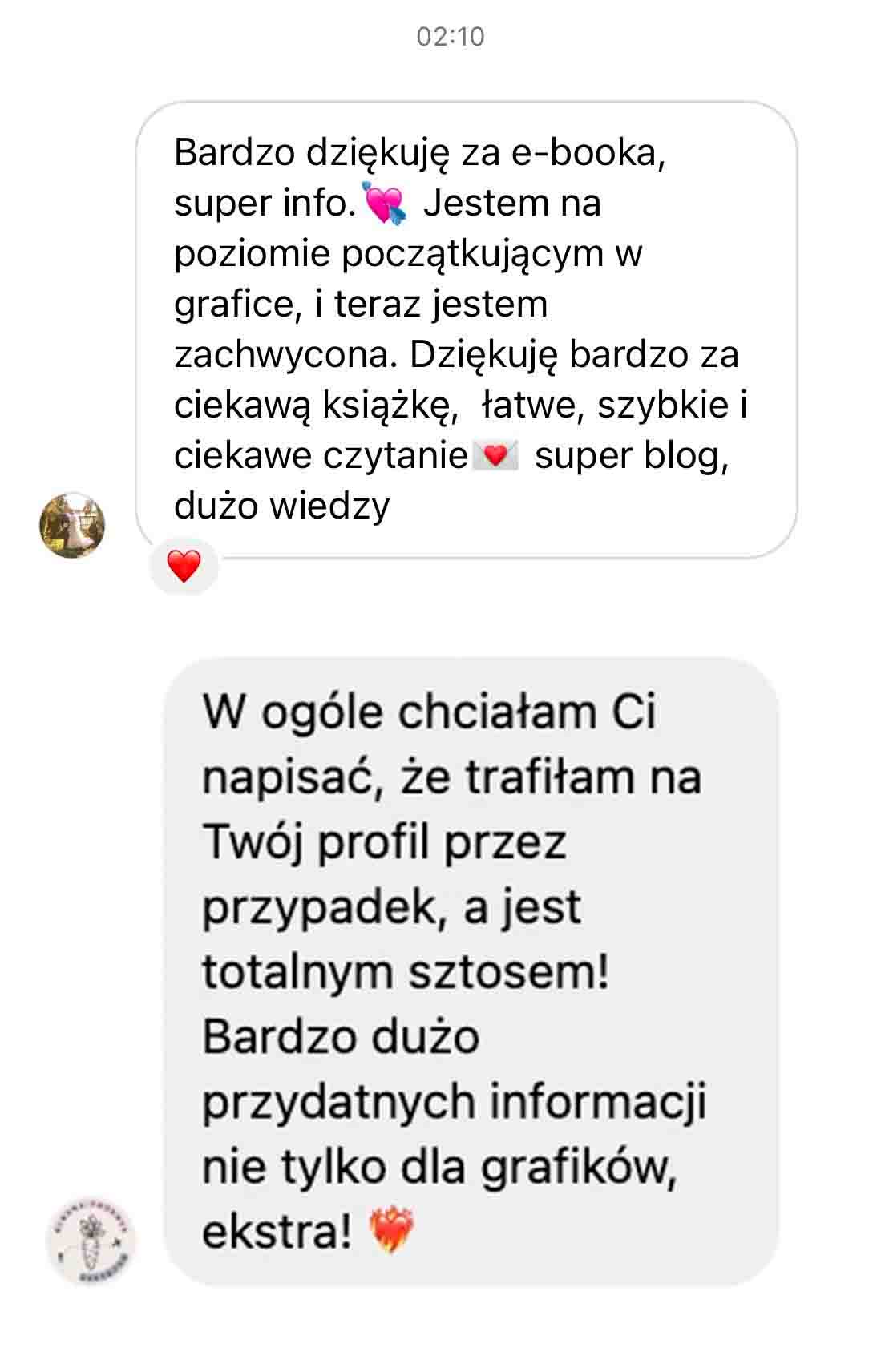 Pozytywna opinia klientek, czytelniczek e-booka i newslettera o tematyce graficznej, projektowania graficznego
