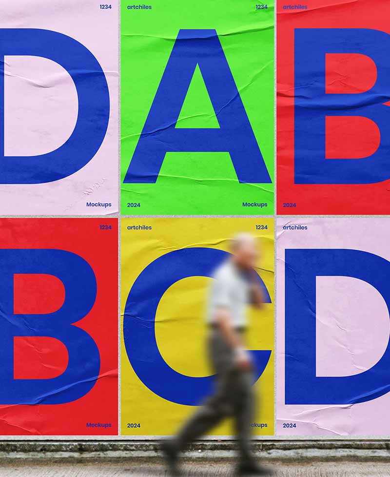 Kolorowa kompozycja plakatów z literami w stylu grafiki wektorowej. Dowiedz się więcej o zaletach i wadach grafiki wektorowej oraz poznaj Kurs Projektowania Graficznego Weroniki Wolskiej.