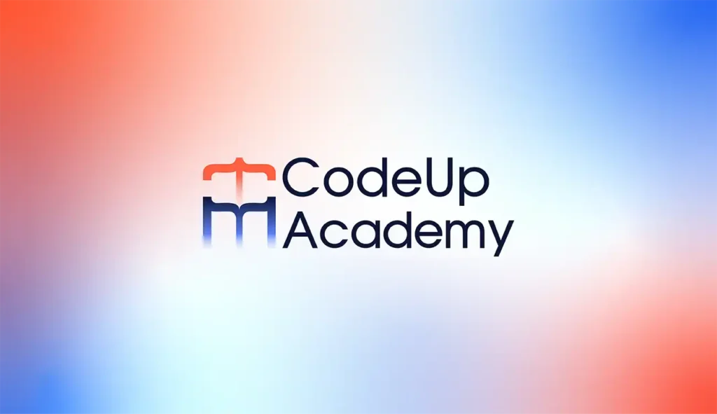 Początki w branży kreatywnej. Logo „CodeUp Academy” zaprojektowane przez Klaudię Kiszko – absolwentkę Kursu Projektowania Graficznego prowadzonego przez Weronikę Wolską w Akademii Projektowania. Projekt graficzny przedstawia stylizowany znak typograficzny z nawiasami klamrowymi oraz nazwą marki, osadzony na gradientowym tle w barwach czerwono-niebieskich. Praca graficzna z zakresu identyfikacji wizualnej, brandingu i projektowania logo – przykład kreatywnego podejścia do grafiki komputerowej, designu i wizualnej komunikacji marki.