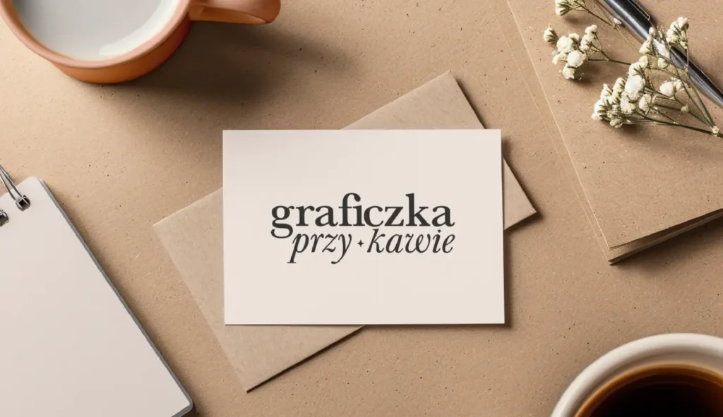 Wizytówka z logo „graficzka przy kawie” zaprojektowana przez Oliwię Nowicką, absolwentkę Kursu Projektowania Graficznego w Akademii Projektowania Weroniki Wolskiej. Kompozycja zawiera elementy papiernicze, kawę i kwiaty, tworząc ciepły, naturalny klimat kobiecej marki graficznej. Projekt prezentuje umiejętności z zakresu designu, grafiki komputerowej i budowania identyfikacji wizualnej przez freelancerkę.