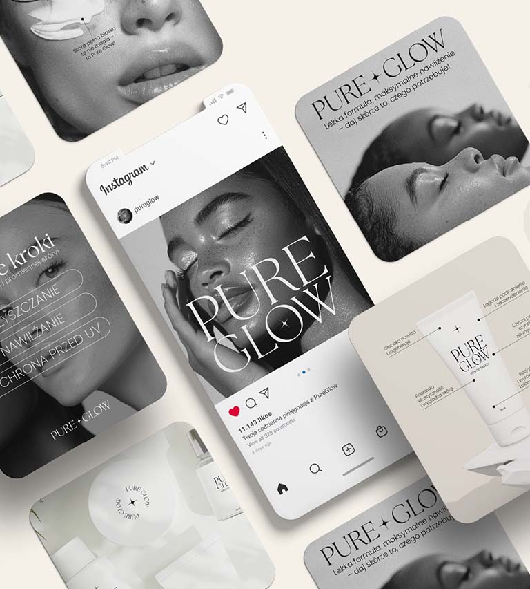 Zestaw graficzny marki „Pure Glow” zaprojektowany przez Oliwię Nowicką – absolwentkę Kursu Projektowania Graficznego w Akademii Projektowania Weroniki Wolskiej. Kompozycja zawiera posty na Instagram, zdjęcia opakowań i materiały promocyjne w stylistyce minimalistycznej i kobiecej. Przykład pracy graficznej wykonanej przez freelancerkę w branży beauty.