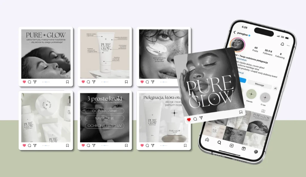 Początki w branży kreatywnej. Estetyczny projekt identyfikacji wizualnej marki kosmetycznej „Pure Glow” autorstwa Oliwii Nowickiej – absolwentki Kursu Projektowania Graficznego w Akademii Projektowania Weroniki Wolskiej. Grafika prezentuje serię postów na Instagram, opakowania kosmetyków, branding oraz widok profilu marki w mediach społecznościowych. Projekt graficzny w stylu minimalistycznym i kobiecym, stworzony przez freelancerkę specjalizującą się w grafice komputerowej i designie dla marek beauty. Początki w branży kreatywnej.