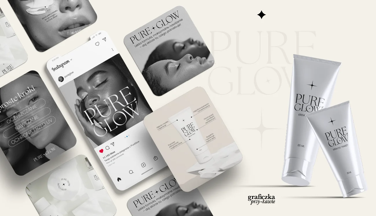 Projekt graficzny autorstwa Oliwii Nowickiej, absolwentki Kursu Projektowania Graficznego w Akademii Projektowania Weroniki Wolskiej. Na grafice widoczna estetyczna prezentacja kosmetyku Pure Glow – branding, opakowanie i materiały promocyjne w mediach społecznościowych. Realizacja stanowi przykład umiejętności z zakresu designu, grafiki komputerowej, identyfikacji wizualnej i pracy jako freelancer. To doskonały przykład praktycznego zastosowania wiedzy zdobytej na kursie z projektowania graficznego, skierowanym do przyszłych grafików i osób chcących pracować w branży kreatywnej.