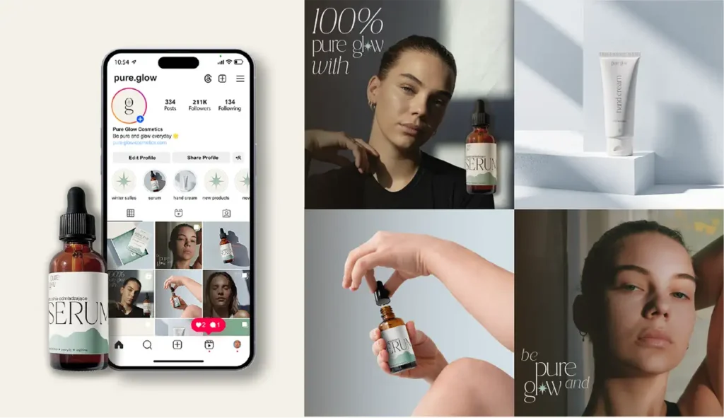 Początki w branży kreatywnej.Projekt graficzny Instagrama marki Pure Glow stworzony przez Klaudię Kiszko – estetyczne zdjęcia produktów, układ siatki i branding w ramach Kursu Projektowania Graficznego Weroniki Wolskiej w Akademii Projektowania. Nauka designu i pracy grafika freelance.