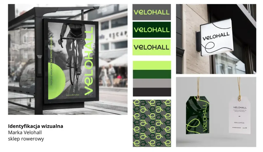 Początki w branży graficznej. Projekt identyfikacji wizualnej marki Velohall stworzony przez Aleksandrę Chlebowską – absolwentkę Kursu Projektowania Graficznego w Akademii Projektowania Weroniki Wolskiej. Grafika przedstawia zestaw elementów brandingowych dla sklepu rowerowego: neonowe logo, szyld, metki produktowe, paletę kolorystyczną, plakat reklamowy oraz wzór graficzny do wykorzystania w materiałach promocyjnych. Projekt podkreśla sportowy i nowoczesny charakter marki poprzez kontrastowe kolory i dynamiczną typografię, będąc efektem nauki grafiki komputerowej i pracy z briefem brandingowym w ramach kursu online.