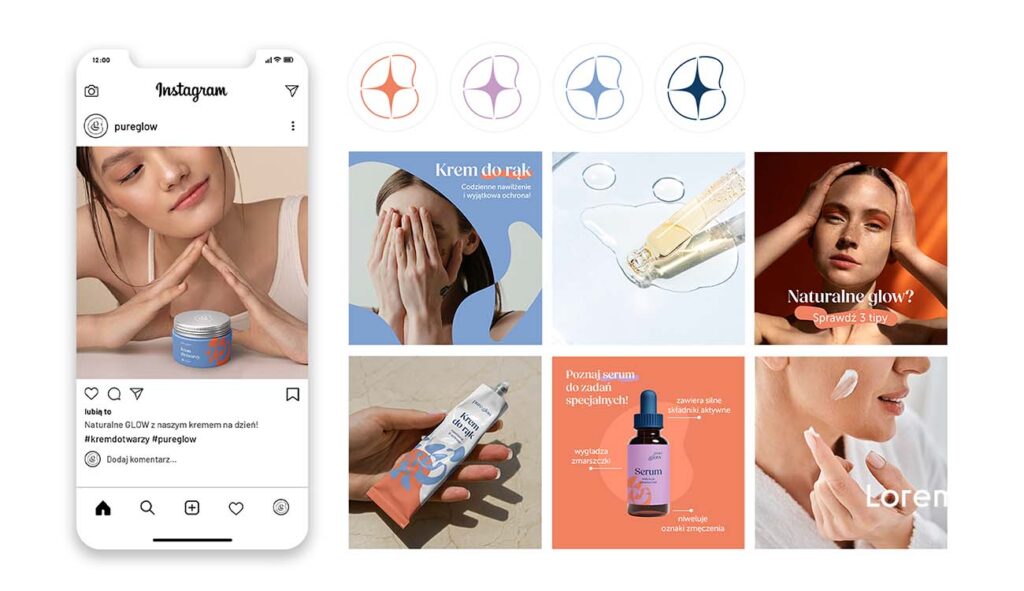 Początki w branży graficznej. Wywiad z Karoliną Krajewską. Projekt opakowania kosmetycznego serum marki Pure Glow autorstwa Karoliny Krajewskiej. Po lewej stronie widoczna buteleczka serum z fioletową etykietą i abstrakcyjną ilustracją, obok niej opakowanie zbiorcze z dynamiczną, kolorową grafiką wektorową. Po prawej stronie kompozycji dwie kobiety z zamkniętymi oczami, symbolizujące naturalność, pielęgnację i efekty stosowania produktu. Projekt powstał w ramach realizacji graficznej po ukończeniu Kursu Projektowania Graficznego w Akademii Projektowania, prezentowany przez Weronikę Wolską.