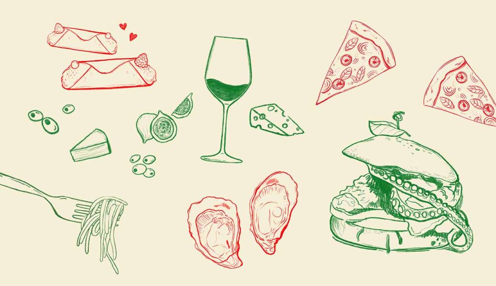 Ilustracja wektorowa autorstwa Karoliny Krajewskiej przedstawiająca zestaw ręcznie rysowanych produktów spożywczych: kawałki pizzy, ostrygi, ser, figi, makaron na widelcu, kieliszek wina, kanapka z ośmiornicą, cannoli i oliwki. Kompozycja utrzymana jest w stylistyce szkicowej, z zastosowaniem czerwonego i zielonego konturu na kremowym tle. Projekt wykonany w ramach Kursu Projektowania Graficznego w Akademii Projektowania i zaprezentowany w artykule Weroniki Wolskiej jako przykład kreatywnego podejścia do grafiki użytkowej i ilustracji.