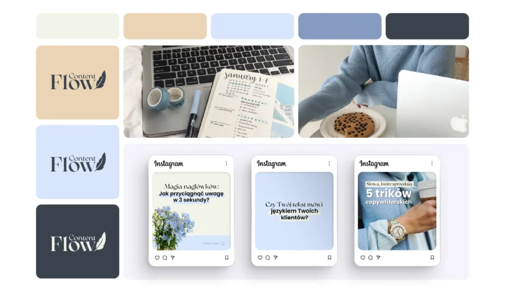 Początki w branży kreatywnej. Spójna identyfikacja wizualna marki „Content Flow” zaprojektowana przez Oliwię Nowicką, absolwentkę Kursu Projektowania Graficznego w Akademii Projektowania Weroniki Wolskiej. Grafika przedstawia paletę kolorów, moodboard, logo w różnych wariantach oraz przykłady treści wizualnych do mediów społecznościowych (Instagram). Całość to przykład pracy z zakresu brandingu, grafiki komputerowej i tworzenia nowoczesnych treści digitalowych przez freelancerkę działającą jako początkująca graficzka. Projekt ukazuje praktyczne zastosowanie designu w pracy grafika na swoim.