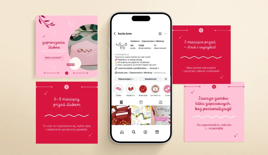 Początki w branży graficznej. Materiały wizualne z Instagrama Doroty Kozioł, absolwentki Kursu Projektowania Graficznego w Akademii Projektowania Weroniki Wolskiej. Grafika pokazuje przykłady projektów ślubnych – od zaproszeń po inspiracje stylistyczne, zaprezentowane w estetycznej formie. To przykład praktycznego zastosowania wiedzy z zakresu projektowania graficznego, designu i grafiki komputerowej, jakie zdobywają przyszli graficy i freelancerzy dzięki kursowi w branży kreatywnej.