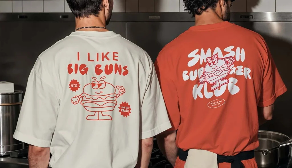 Początki w branży graficznej. Dwóch pracowników w koszulkach z ilustracjami burgerów zaprojektowanych przez Zuzę Polewicz, absolwentkę kursu Weroniki Wolskiej w Akademii Projektowania – projektowanie graficzne, branding, design, grafika komputerowa w branży kreatywnej.
